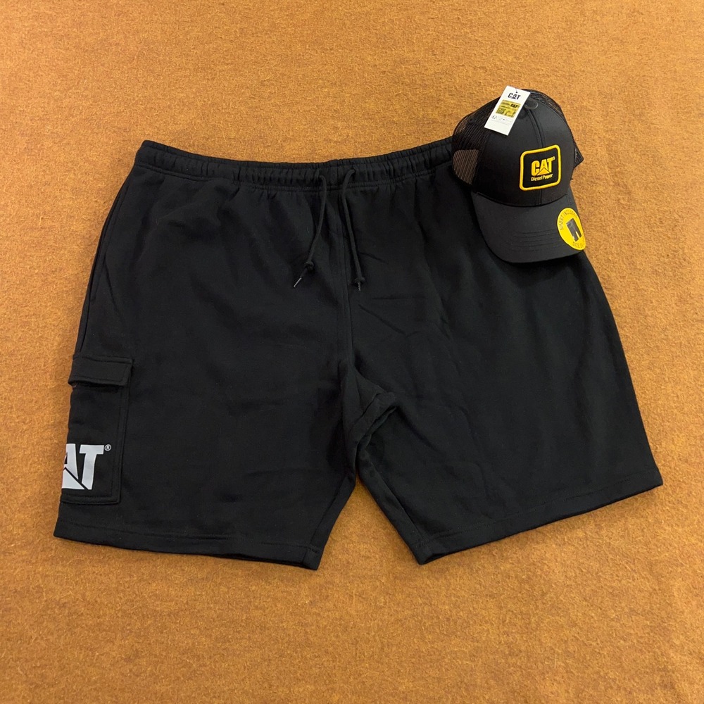 CAT Mens 2XL Black Cargo Sweat Shorts and Trucker Hat Set